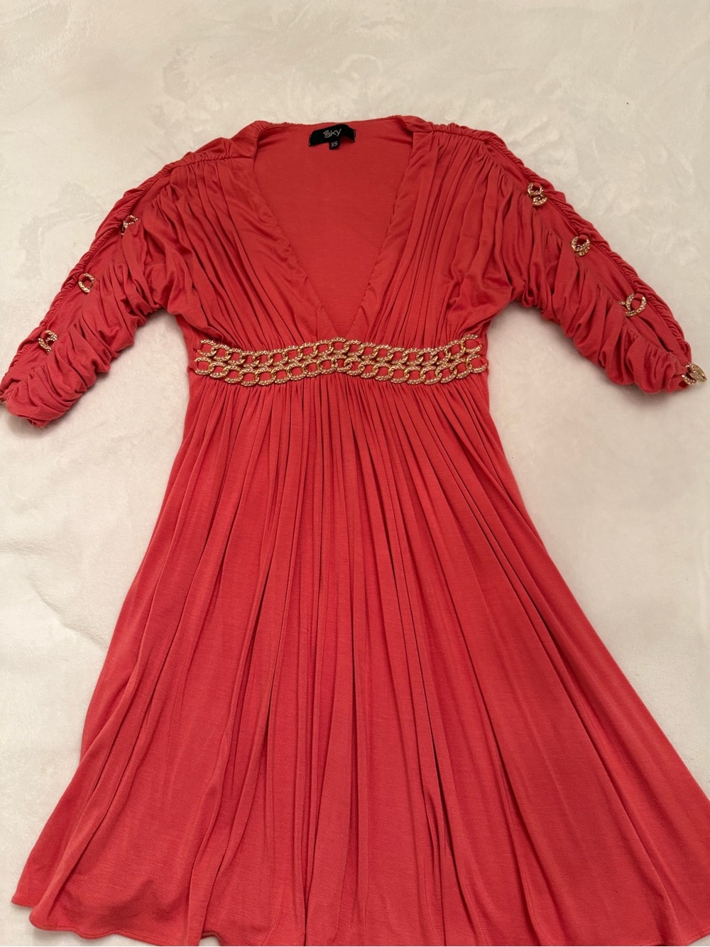 Sky Coral-Red V-Neck Dress with Gold Chain Waist